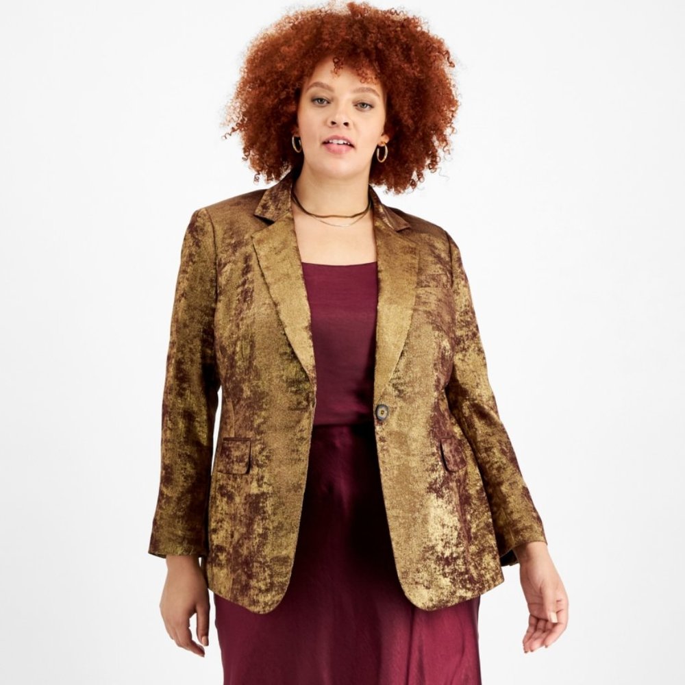 NWT Bar III Brushed Metallic Long Sleeve One-Button Blazer Size 24W